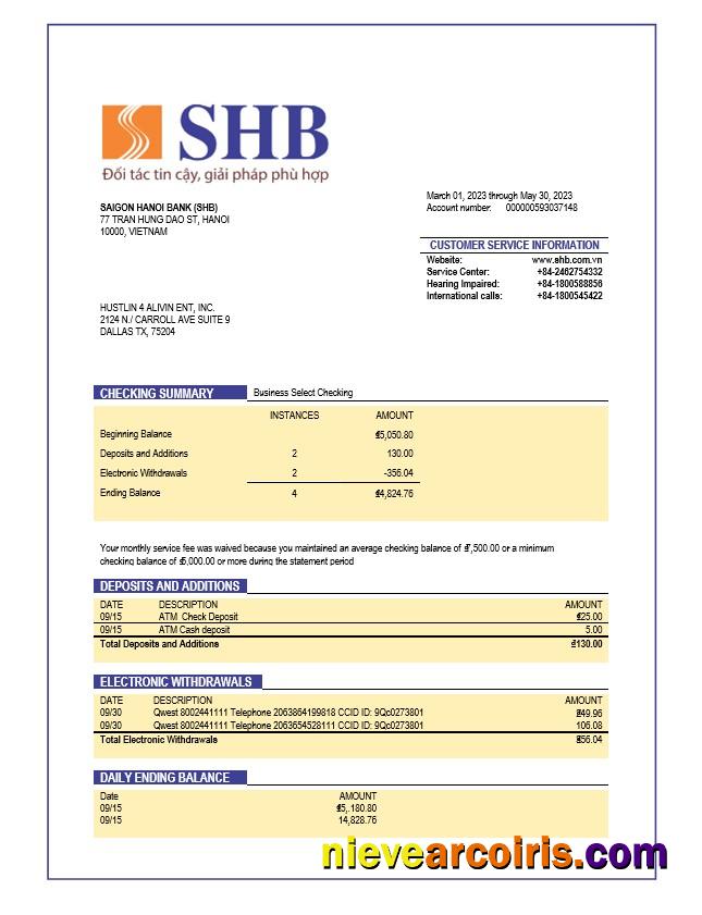 Saigon Hanoi Bank (SHB) organization account statement